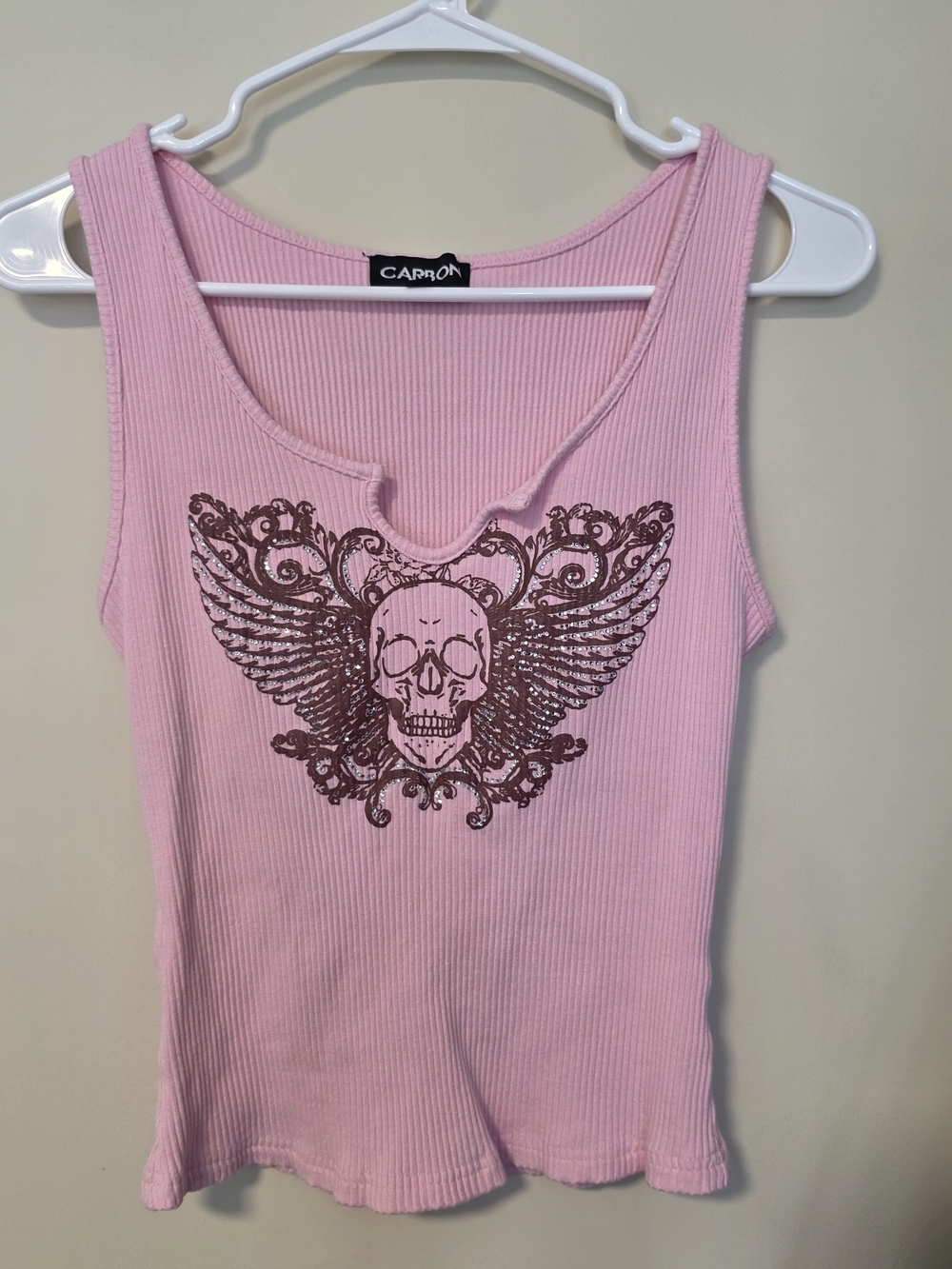 Carbon Pink Ribbed Tank with Winged Skull Print